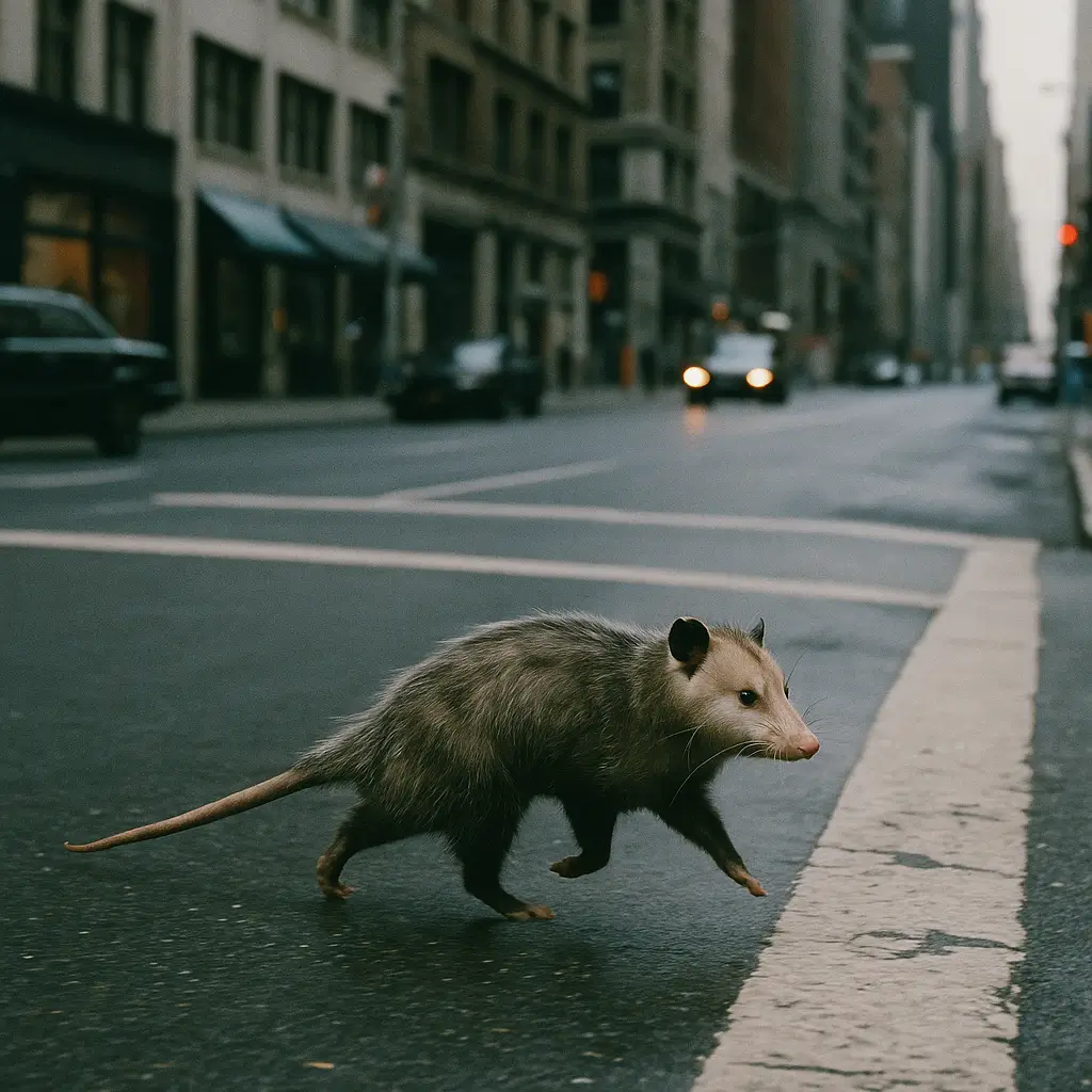 A possum frozen in the middle of a busy new york street—like kevin bacon’s five‑second cameo in planes, trains and automobiles when he kept neal page from getting a cab