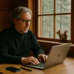 old man working at his desk in a cozy cabin