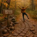 Happy person walks chocolate path, autumn forest. "BEYOND THE CLICK" sign, floating chocolate bars overhead.
