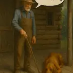 Elderly man on a cabin porch gently poking a bloodhound with a cane, speech bubble says “Come on, do something” — metaphor for website dead time