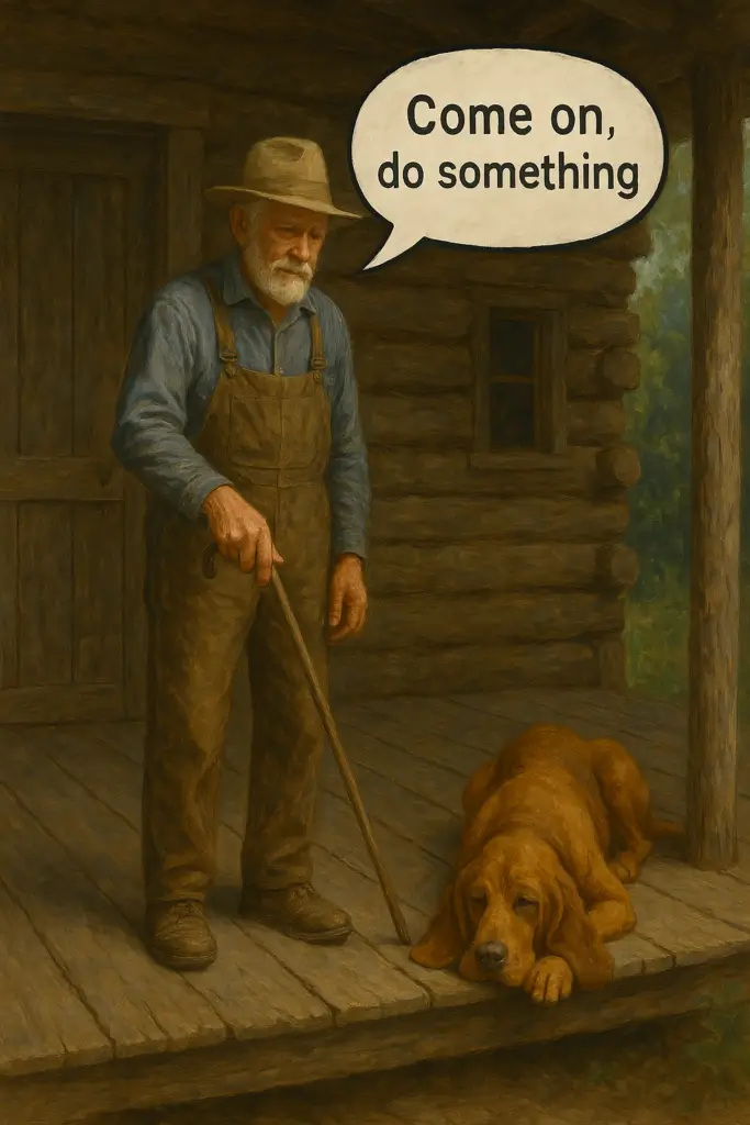 Elderly man on a cabin porch gently poking a bloodhound with a cane, speech bubble says “come on, do something” — metaphor for website dead time