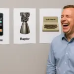 Man laughs heartily at three framed images: iPhone, Raptor rocket engine, Apple computer.
