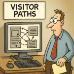 cartoon of a man studying and confused by visitor paths