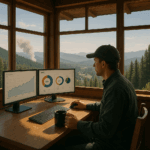 Person inside a fire tower monitoring website security analytics on multiple screens, overlooking a quiet mountain village with light smoke in the distance.