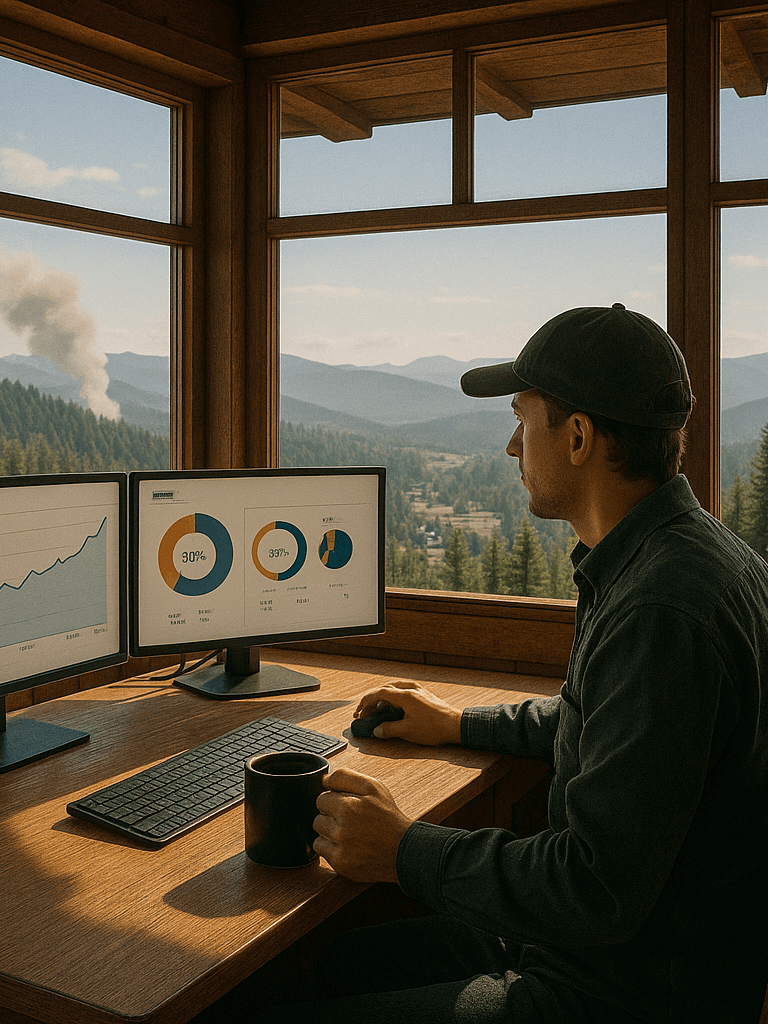 Person inside a fire tower monitoring website security analytics on multiple screens, overlooking a quiet mountain village with light smoke in the distance.