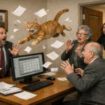 realistic image of a cat flying through the air. Symbolizing confusion with out of date systems