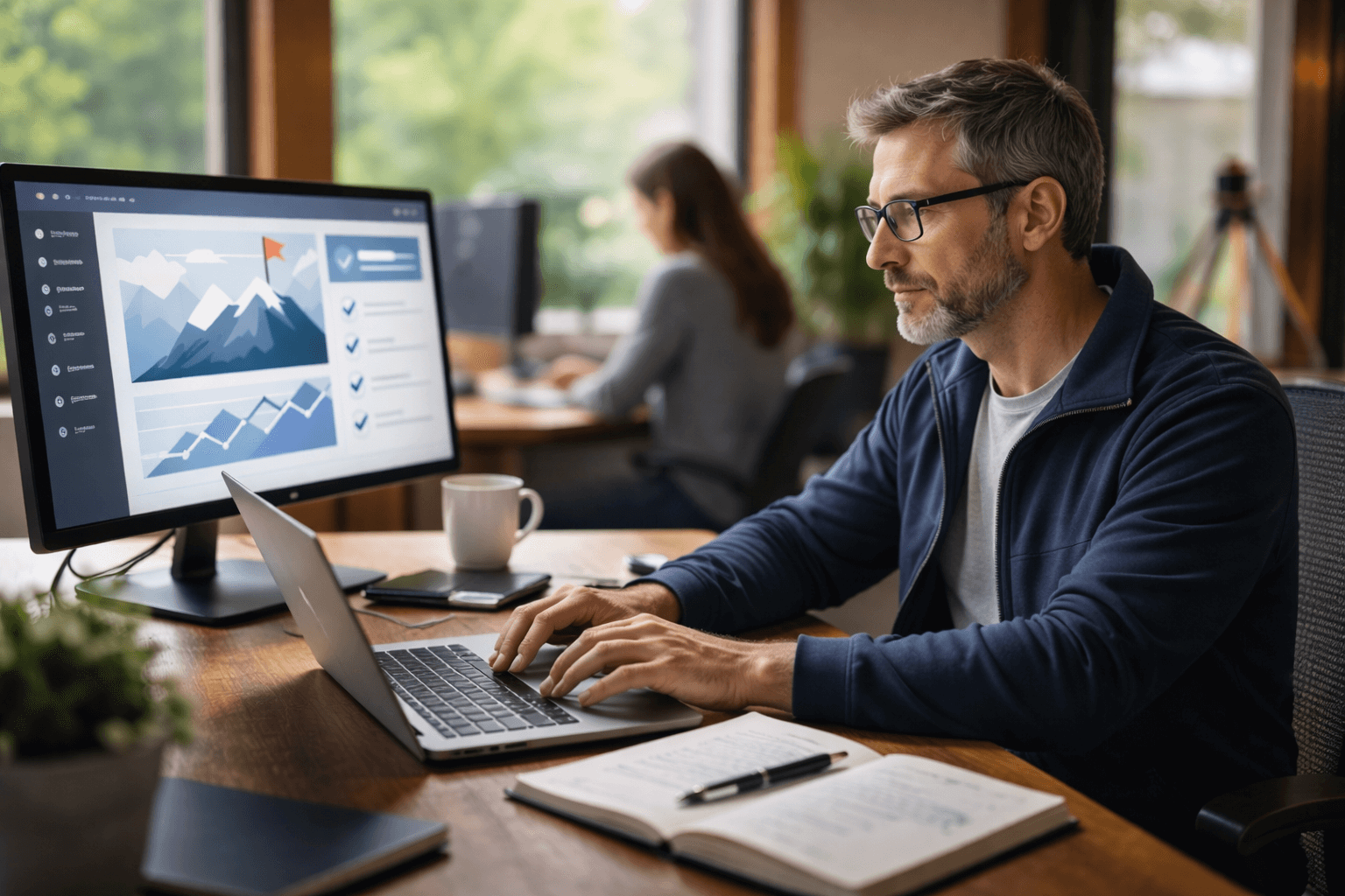 A professional working at a desk reviewing plans and a task list, with a teammate out of focus in the background