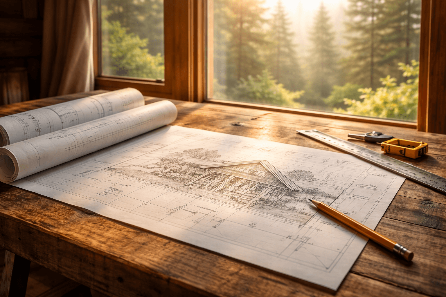 Drafting table with plans and tools laid out in a quiet, sunlit workspace